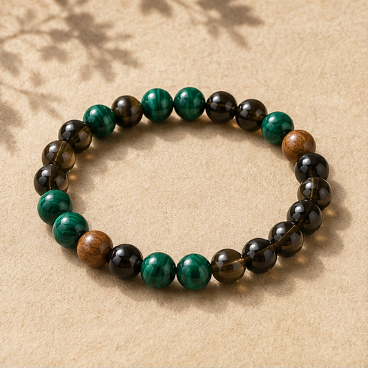 Grounded Grove Bracelet | Malachite, Obsidian, Wood-toned beads