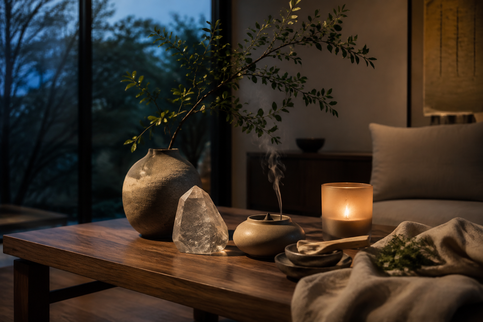A calm SOULDAWN home ritual with ceramic, incense, candlelight, and natural stone