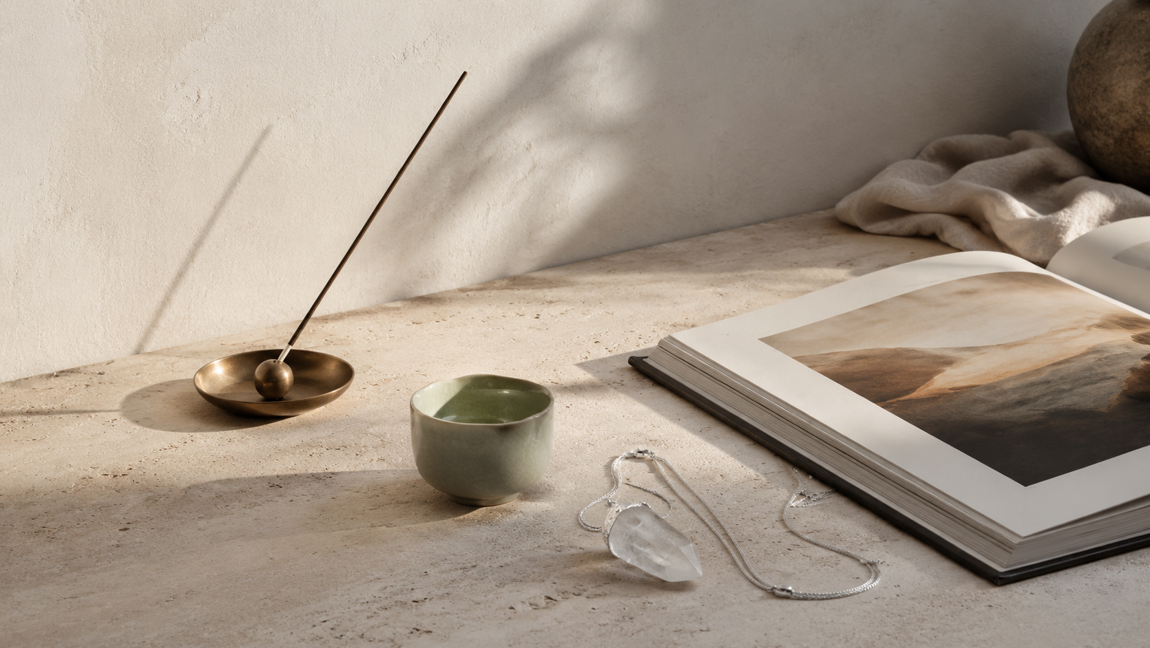 A SOULDAWN ritual of natural stone, tea, incense, and quiet light